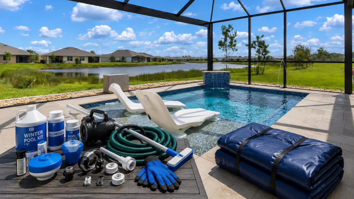 Pool with tanning ledge, in-pool loungers, screened enclosure, and pool maintenance equipment