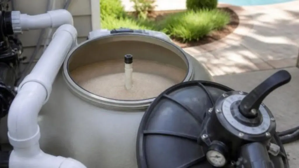 Open pool sand filter tank showing the filter sand and center standpipe, with the lid removed, a multiport valve with pressure gauge, and white PVC plumbing