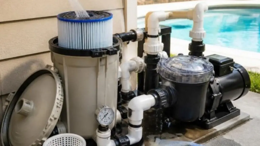 Pool cartridge filter lifted out of its housing and being rinsed with water, next to the open filter lid, pressure gauge, black pool pump, and white PVC plumbing