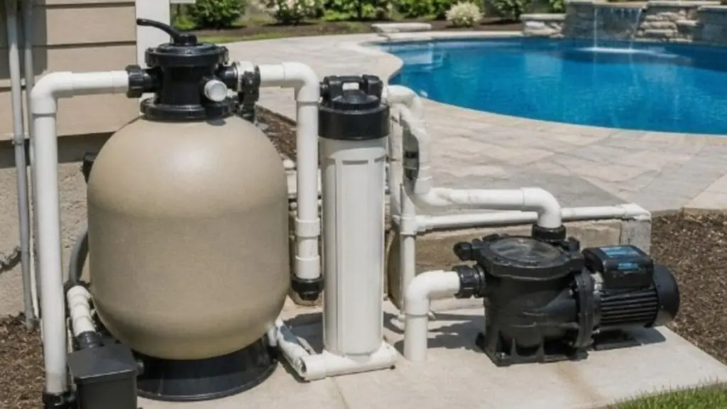 Pool equipment pad with a tan sand filter, black pool pump, white PVC plumbing, and an inground pool with a waterfall in the background